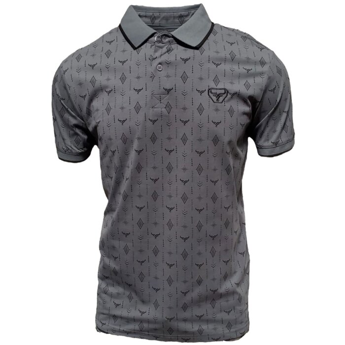 Men's gray polo shirt with a subtle geometric pattern, featuring the Lamasini bullhorn logo and classic short-sleeve design.