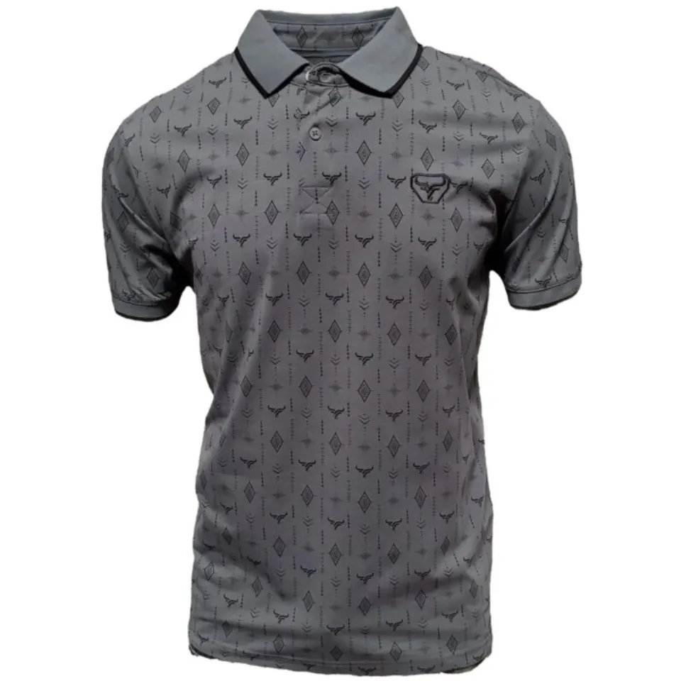 Polo gris para hombre con diseño geométrico sutil, que incluye el logotipo de cuernos de Lamasini y diseño clásico de manga corta.