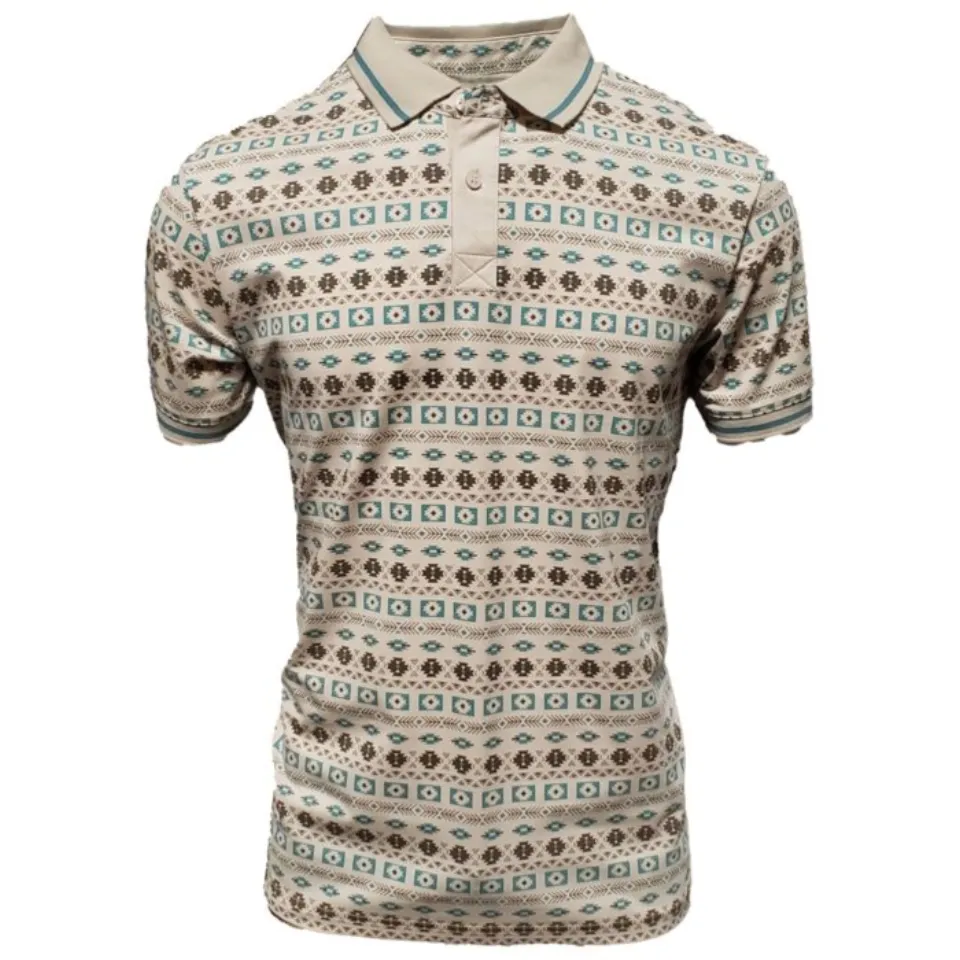 Men's beige polo shirt featuring an Arizona-inspired geometric pattern, crafted with a lightweight cotton-polyester blend by Lamasini.