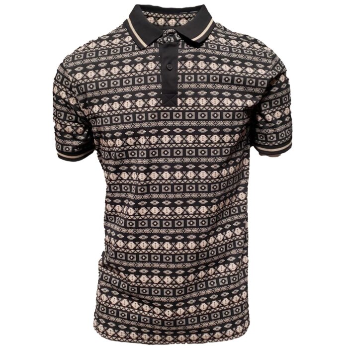 Men's black polo shirt featuring an Arizona-inspired geometric pattern, crafted with a lightweight cotton-polyester blend by Lamasini.