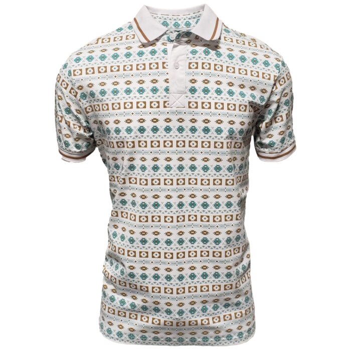 Men's white polo shirt with a vibrant geometric pattern inspired by the desert landscapes of Arizona, crafted with a lightweight cotton-polyester blend by Lamasini.
