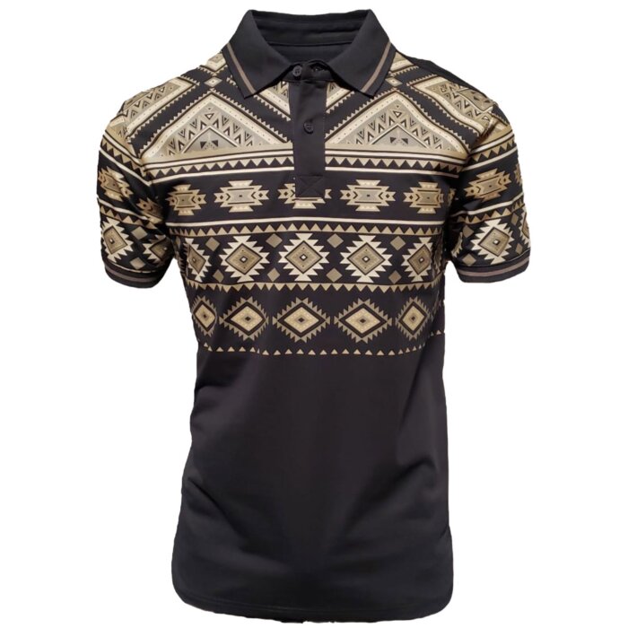 Men's black polo shirt featuring tribal-inspired geometric designs, crafted with a lightweight cotton-polyester blend by Lamasini.
