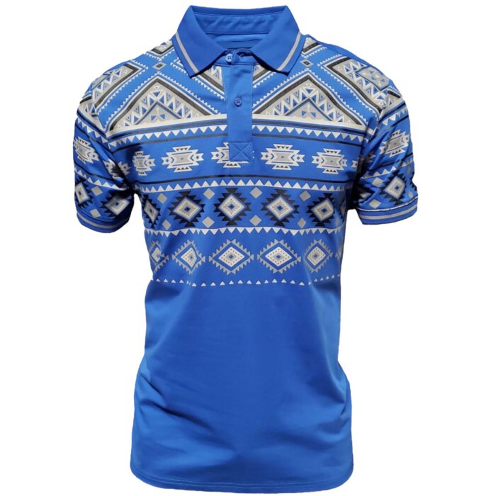 Men's royal blue polo shirt featuring tribal-inspired geometric designs, crafted with a lightweight cotton-polyester blend by Lamasini.