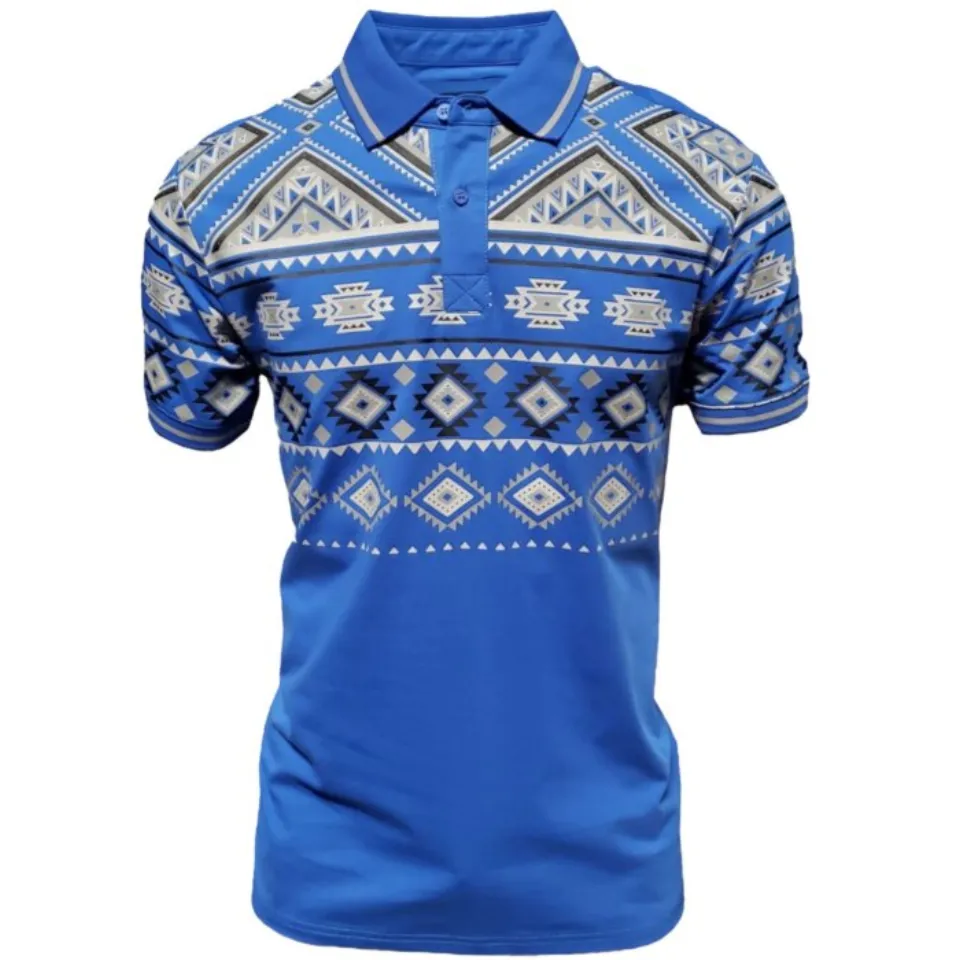 Men's royal blue polo shirt featuring tribal-inspired geometric designs, crafted with a lightweight cotton-polyester blend by Lamasini.