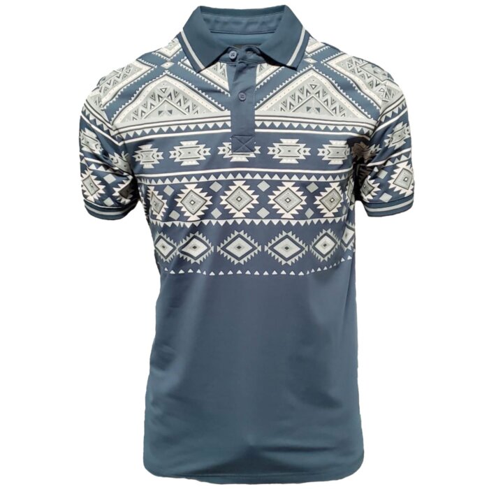 Men's teal polo shirt featuring tribal-inspired geometric designs, crafted with a lightweight cotton-polyester blend by Lamasini.