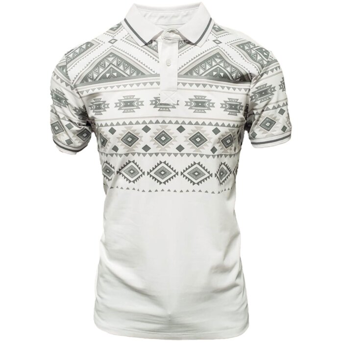 Polo blanco para caballero con diseño geométrico de inspiración tribal, confeccionado en mezcla ligera de algodón y poliéster por Lamasini.