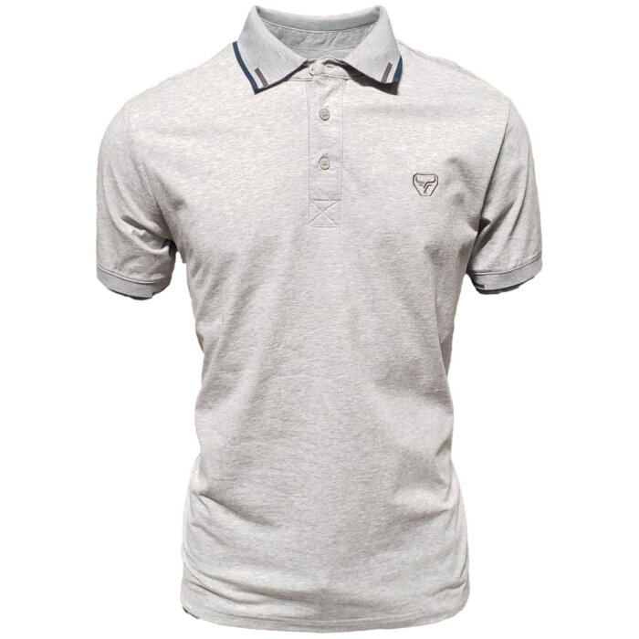 Men's gray polo shirt featuring subtle collar stripe accents, crafted with a lightweight cotton-polyester blend by Lamasini.
