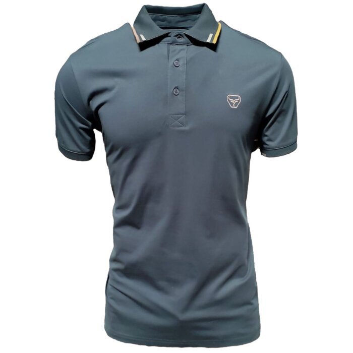 Camisa polo teal para caballero con detalles sutiles de rayas en el cuello, confeccionada en mezcla ligera de algodón y poliéster por Lamasini.
