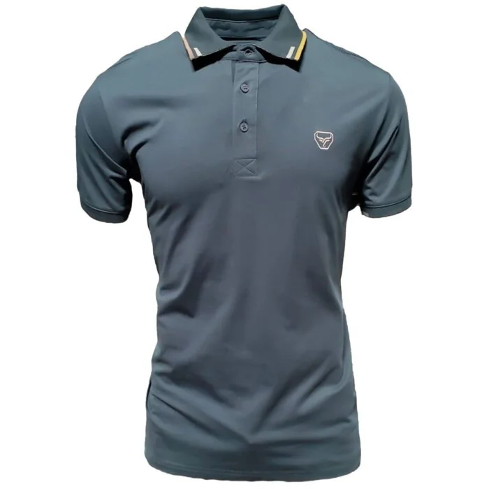 Men's teal polo shirt featuring subtle collar stripe accents, crafted with a lightweight cotton-polyester blend by Lamasini.