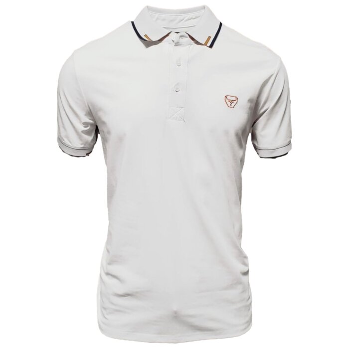 Men's white polo shirt featuring subtle collar stripe accents, crafted with a lightweight cotton-polyester blend by Lamasini.