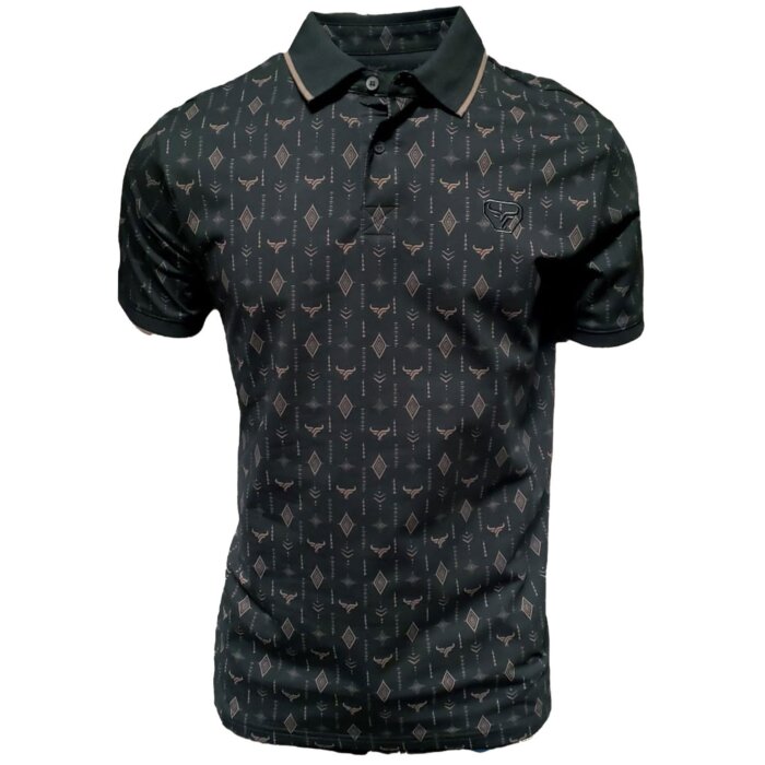 Men's black polo shirt featuring a subtle geometric pattern, the Lamasini bullhorn logo, and classic short-sleeve design.