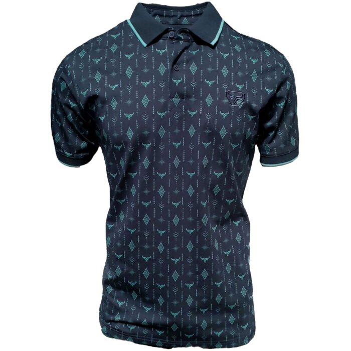Polo azul marino para caballero con patrón geométrico y logotipo de cuernos de Lamasini, confeccionado en mezcla de algodón y poliéster.