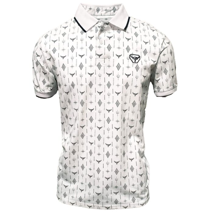 Polo blanco para caballero con patrón geométrico y logotipo de cuernos de Lamasini, confeccionado en mezcla de algodón y poliéster.