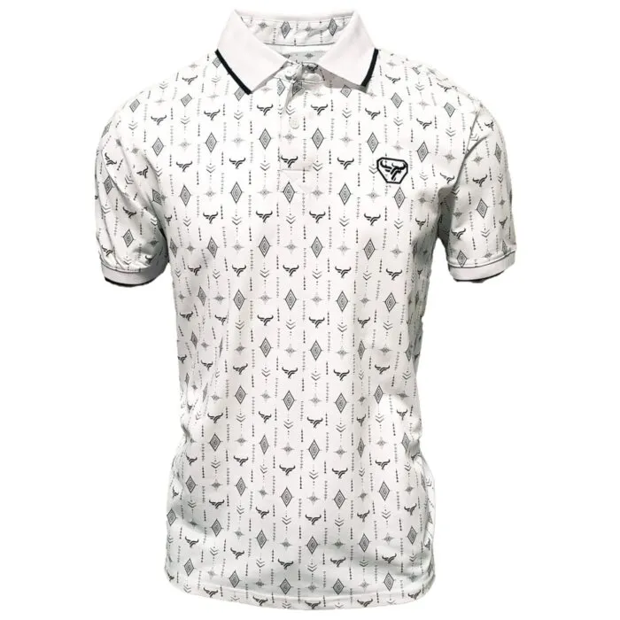 Polo blanco para caballero con patrón geométrico y logotipo de cuernos de Lamasini, confeccionado en mezcla de algodón y poliéster.
