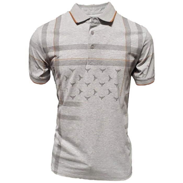 Lamasini 28216 Gray Polo Shirt with plaid accents and bullhorn logo