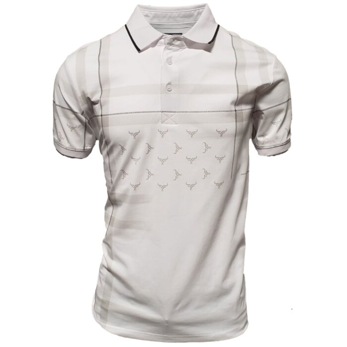 Men's white polo shirt with a subtle bullhorn pattern, crafted with a lightweight cotton-polyester blend by Lamasini.