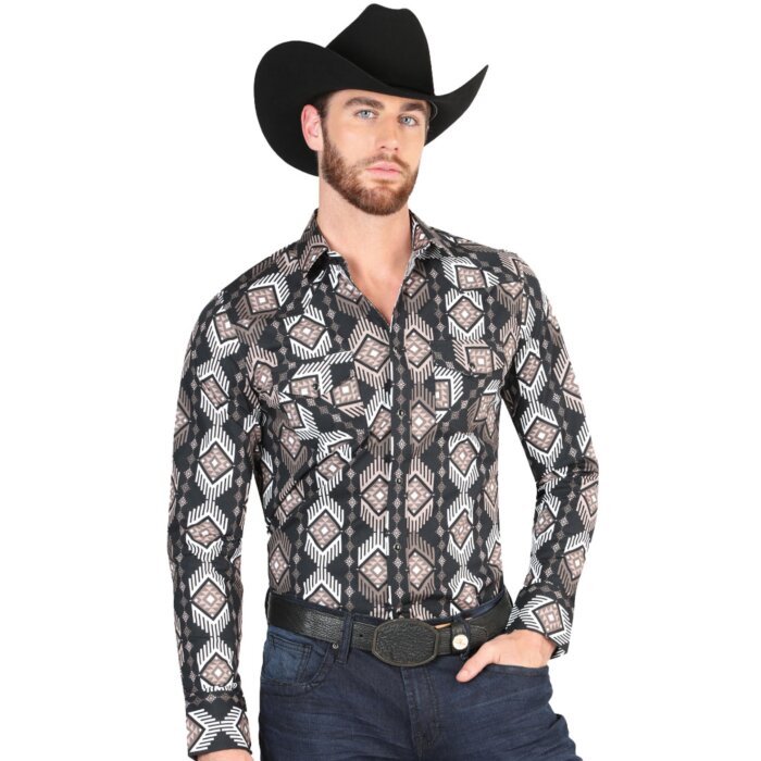 Men's Black Western Shirt with Geometric Brown and White Print – El General 44427
