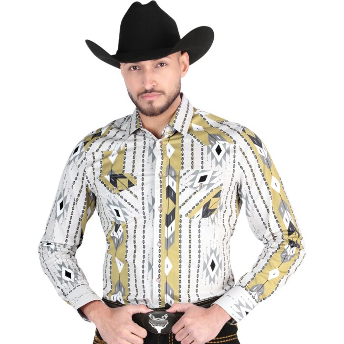 Men's Gray Western Shirt with Yellow, Black, and White Geometric Print – El General 44473