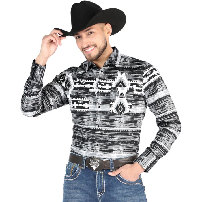 Men's Gray Western Shirt with Black-and-White Tribal Print – El General 44488