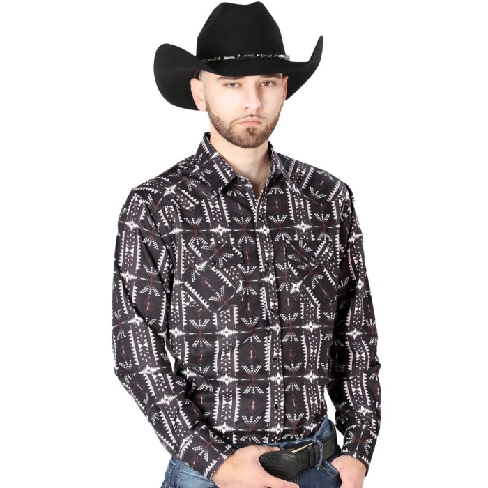 Man wearing a black Western shirt with white and red Southwestern tribal print and a black cowboy hat.