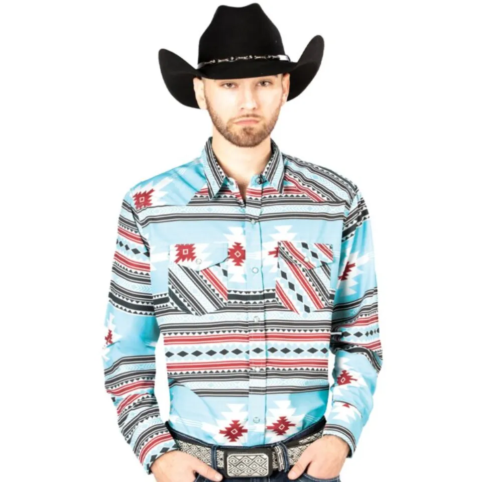 Man wearing a blue Western shirt with bold Southwestern geometric design and a black cowboy hat.
