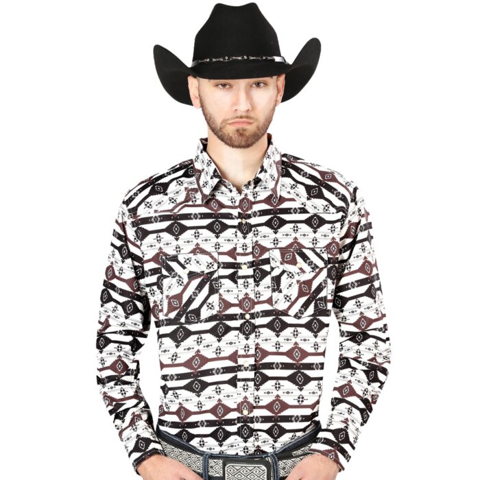 Man wearing a black and white long sleeve Western shirt with bold Sonoran Desert geometric patterns and a black cowboy hat.