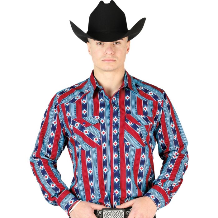 Man wearing a blue and red Western shirt with a striped Southwestern design and a black cowboy hat.