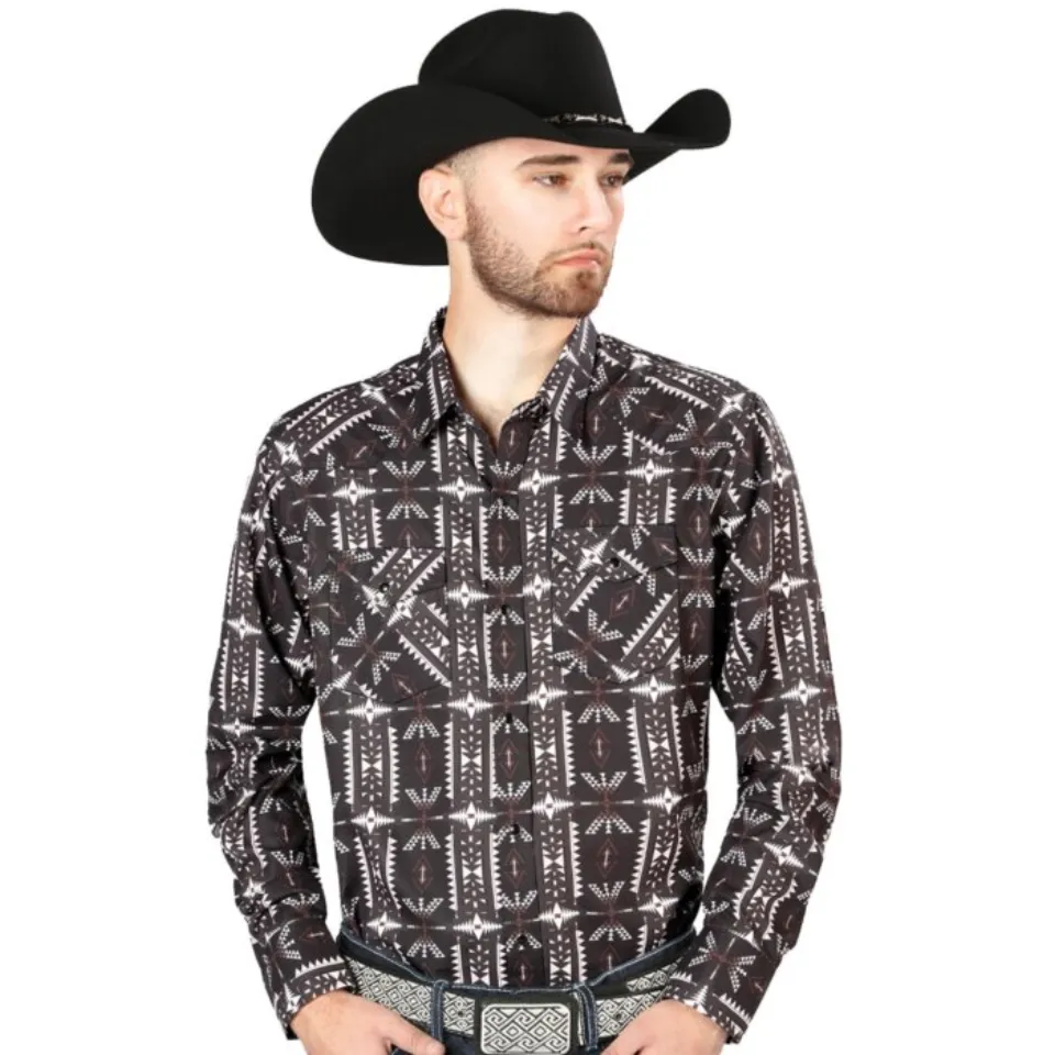 Man wearing a black Western shirt with geometric Southwestern print and a black cowboy hat.