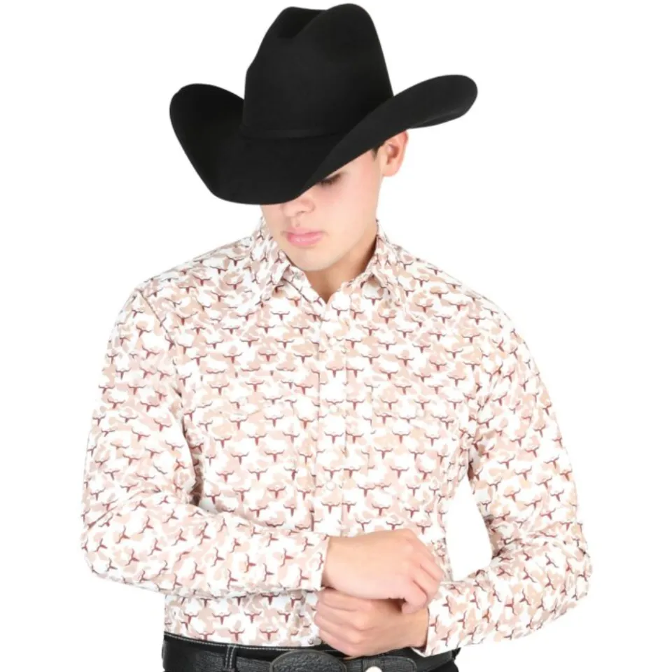 Man wearing a beige Western shirt with a longhorn pattern and a black cowboy hat.