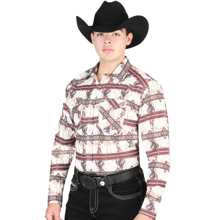 Man wearing a brown Western shirt with rustic patterns and snap buttons, styled with a black cowboy hat.