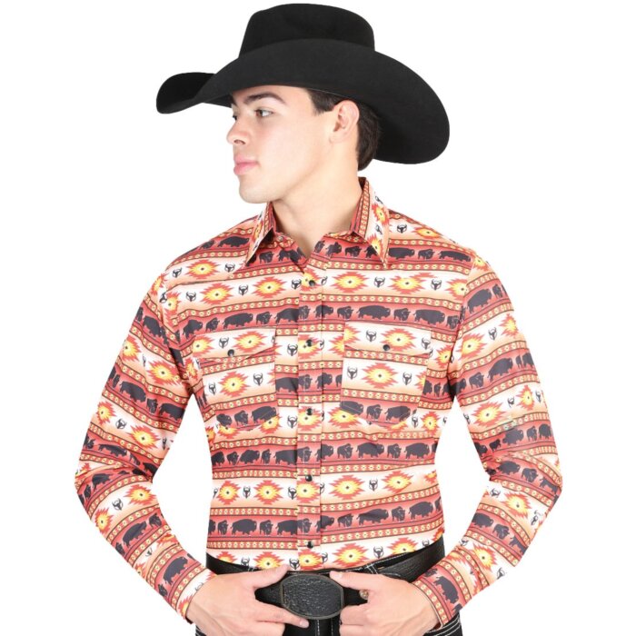 Man wearing an orange Western shirt with Southwestern buffalo patterns and a black cowboy hat.
