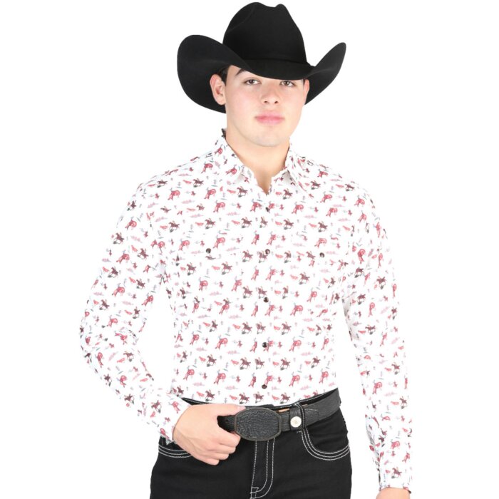 Man wearing a beige Western shirt with a bucking horse design and a black cowboy hat.