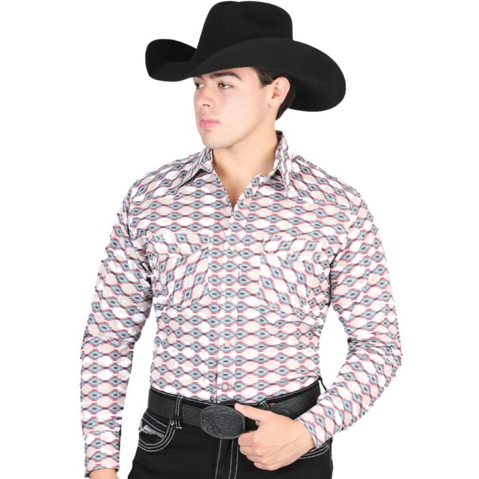 Man wearing a khaki Western shirt with diamond patterns and a black cowboy hat.