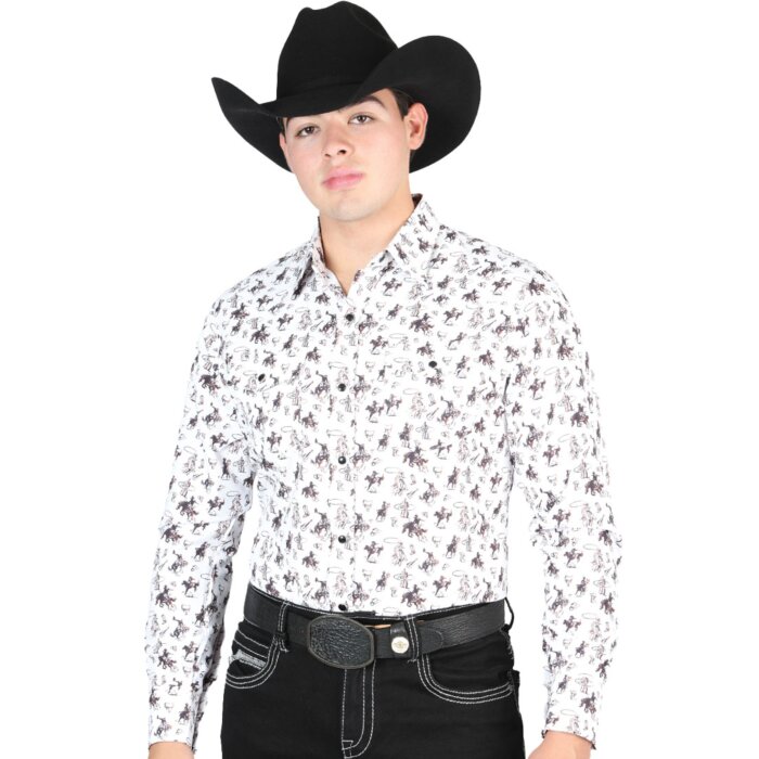 Man wearing a beige Western shirt with black rodeo cowboy design and a black cowboy hat.