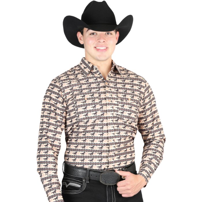 Man wearing a brick-colored Western shirt with a black galloping horse pattern and a black cowboy hat.