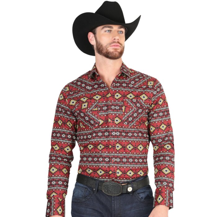 Camisa Vaquera para Hombre Vino con Estampado Geométrico Tribal – El General 44395