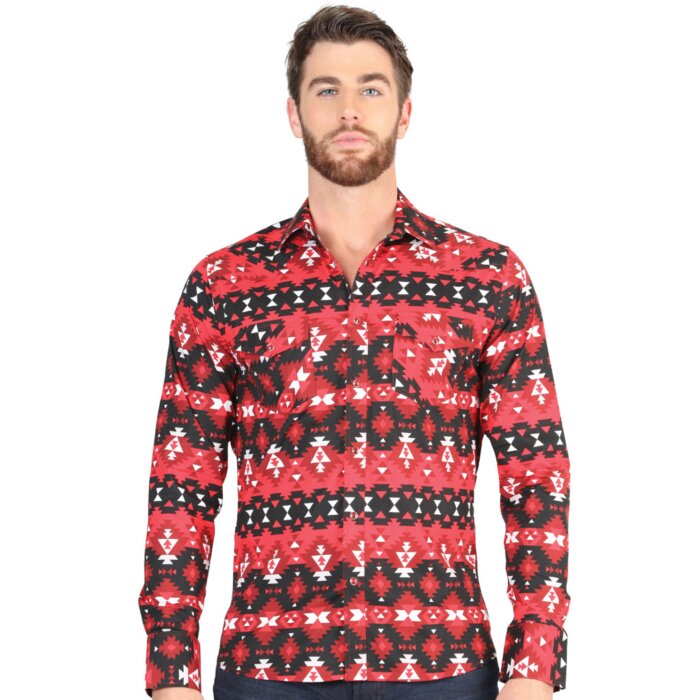 Camisa Vaquera para Hombre Roja con Estampado Tribal Geométrico – El General 44396