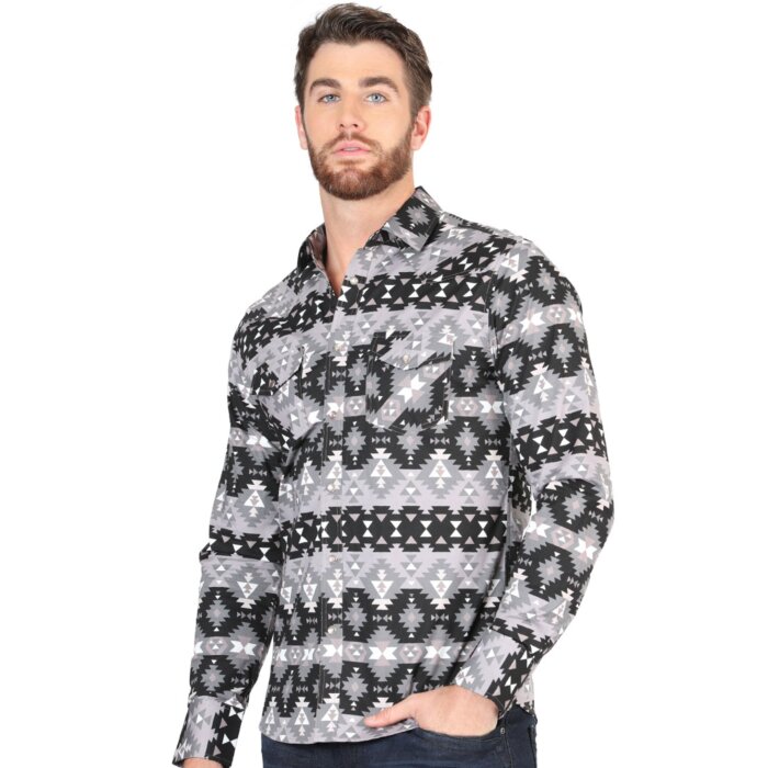 Camisa Vaquera para Hombre Negra con Estampado Geométrico Tribal – El General 44397