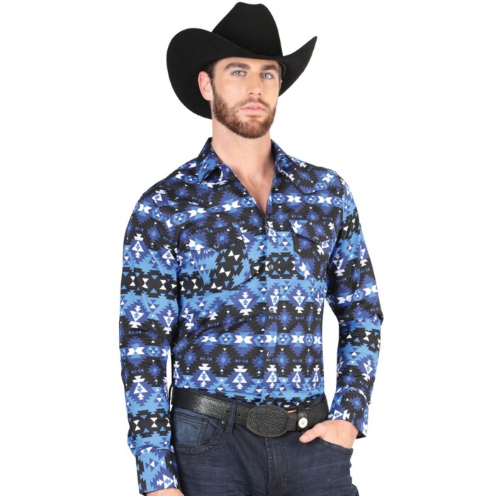 Men's Blue Western Shirt with Tribal Geometric Print – El General 44398