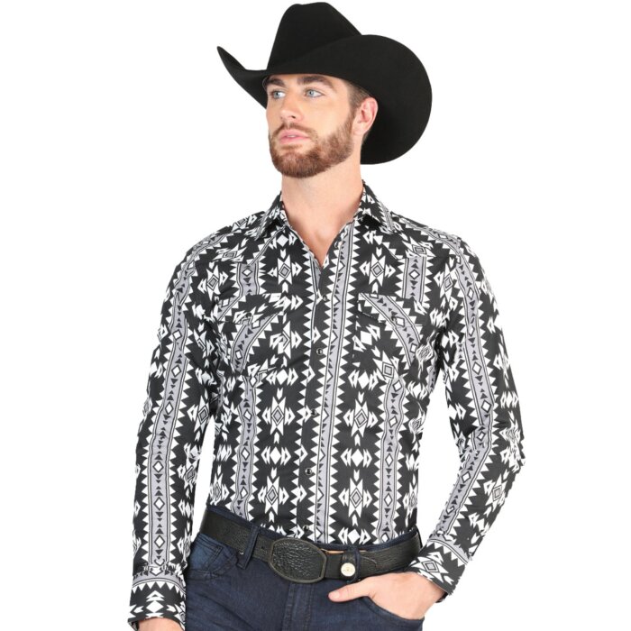 Man wearing a black Western shirt with bold tribal patterns and a black cowboy hat.