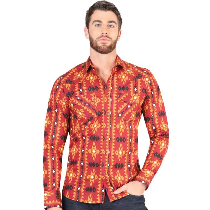 Men's Western Shirt in Brick with Geometric Design – El General 44400