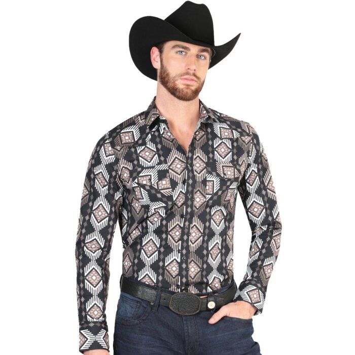 Men's Black Western Shirt with Geometric Pattern – El General 44402