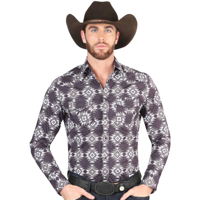 Men's Navy Western Shirt with Geometric Design – El General 44403