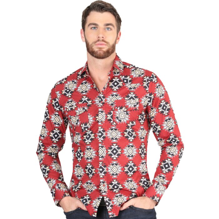Men's Red Western Shirt with Geometric Pattern – El General 44404