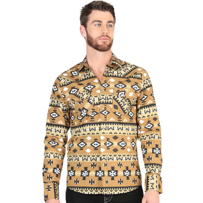 Men's Mustard Western Shirt with Geometric Print – El General 44417
