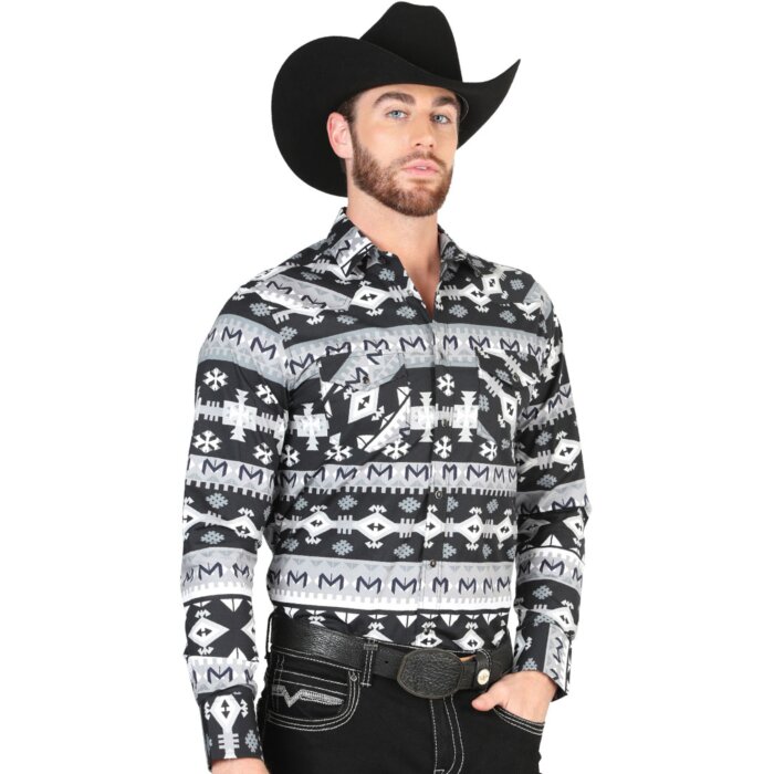 Men's Black and White Tribal Geometric Western Shirt – El General 44419