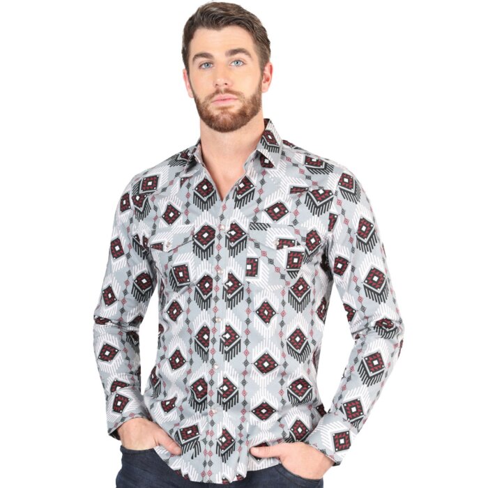 Men's Gray Western Shirt with Geometric Pattern – El General 44425