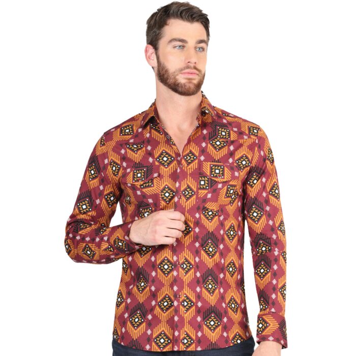 Men's Burgundy Western Shirt with Geometric Pattern – El General 44426