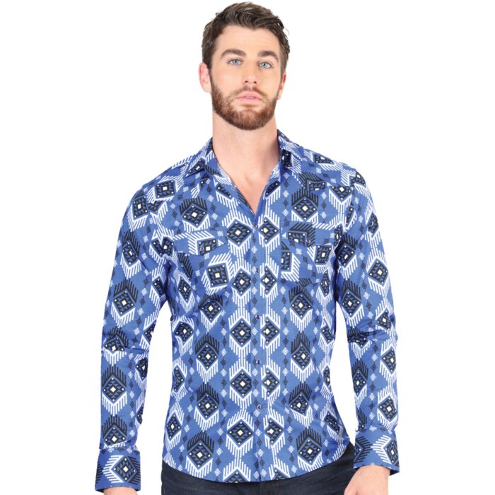 Men's Blue Western Shirt with Geometric Pattern – El General 44428