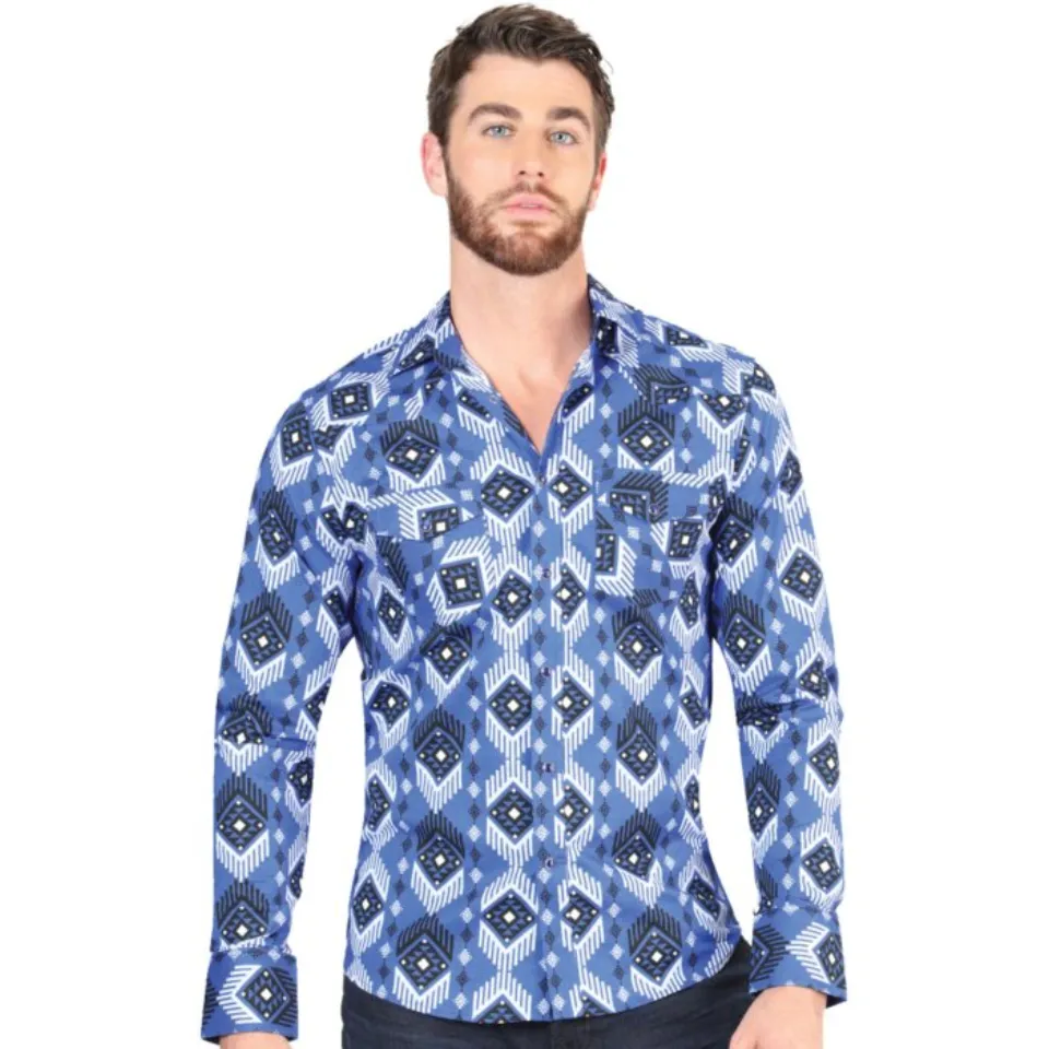 Men's Blue Western Shirt with Geometric Pattern – El General 44428